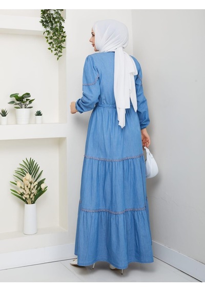 Hb Harma Time Butik Kadın Dantel Detaylı Düğmeli Ve Bağcıklı Açık Kot Mavi Elbise Açık Mavi