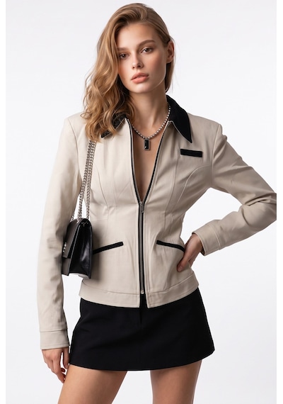 Mixray 2226 Kadın Astarlı Fileto Cepli Çift Fermuar Slim Fit Ceket Taş