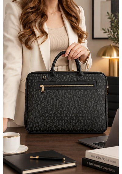 Siyah Orijinal Just Polo Monogram Deri Laptop Ve Evrak Cantasi