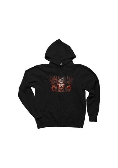 Diablo IV Lilith Face Siyah Fermuarlı Kapşonlu Sweatshirt Siyah