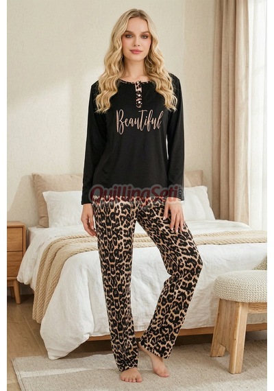 Siyah Renk, Leopar Desenli Lady 11647 Pamuk Viskon Kadın Uzun Kol Pijama Takımı Siyah - Sarı
