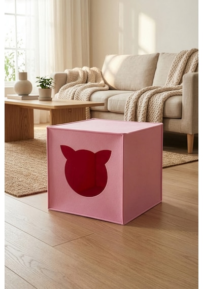 Pembe Keçe Kedi Yuvası Dekoratif Mama Kabı Altlığı Hediyeli Organizer Düzenleyici Katlanabilir