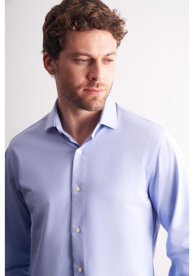 İmza Mavi Yarım İtalyan Yaka Uzun Kol Premium Slim Fit %100 Pamuk Gömlek 1004255194 Mavi
