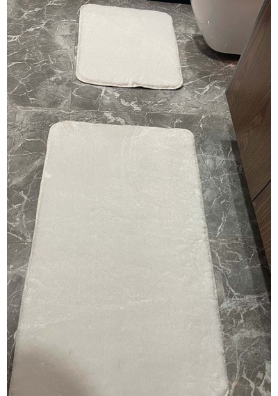 2'li Yıkanabilir Kaymaz Taban Post Beyaz Banyo Halısı Peluş Halı Klozet Takımı Beyaz
