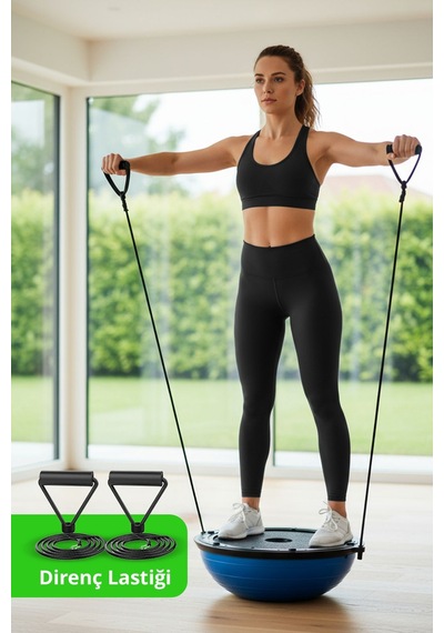 T181 M Bosu Ball Denge Topu 45 Cm Pilates Aleti Direnç Lastiği + Pompa Dahil Kaymaz Taban