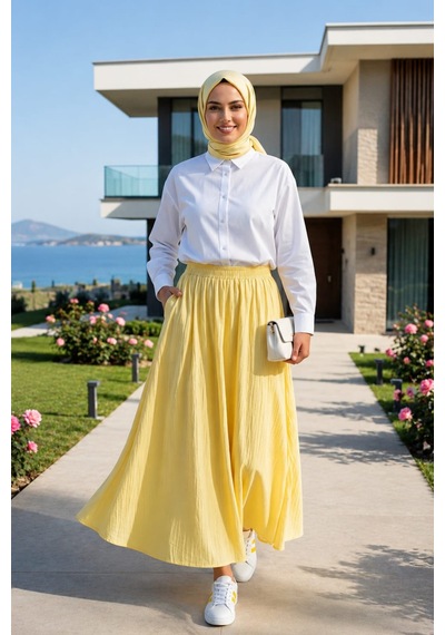 Hb Harma Time Butik Kadın Beli Lastikli Çilek Kumaş Sarı Etek Bej Bej