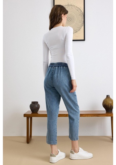 Olcay Bağcık Detaylı Beli Lastikli Soft Denim Pantolon Mavi 7586