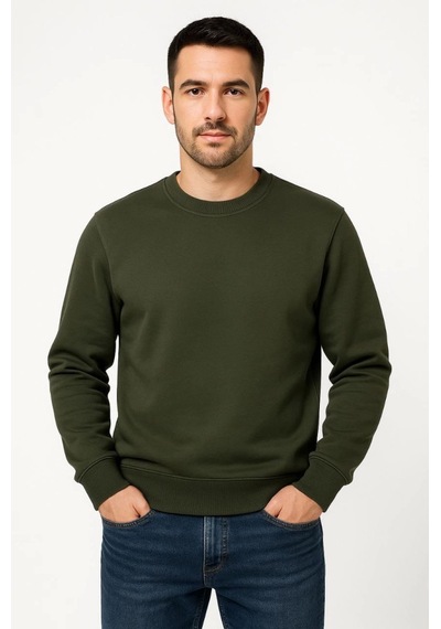 Efnaz Style Erkek Üç İplik Düz Bisiklet Yaka Sweatshirt - Haki