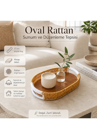 Oval Rattan Küçük Boy Sunum Ve Düzenleme Tepsisi 27 Cm