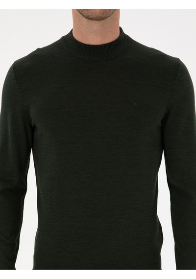 Cacharel Koyu Yeşil Slim Fit Yün Karışımlı Çeyrek Balıkçı Basic Triko Kazak Yesıl