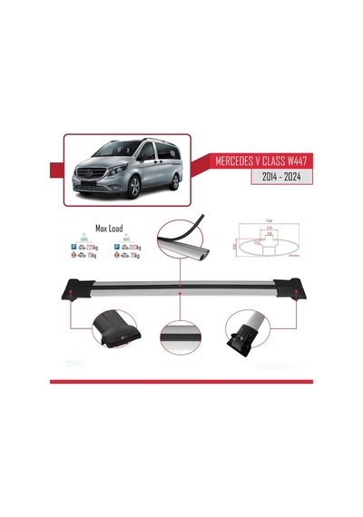 Mercedes V Class W447 2014 Ve Sonrası İle Uyumlu Fly Model Ara Atkı Tavan Barı Gri 3 Adet Bar