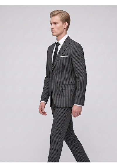 Tk6890 Erkek Çizgili Takım Elbise Slim Fit Modern Kesim Şık Klasik Ceket Pantolon Takım Siyah