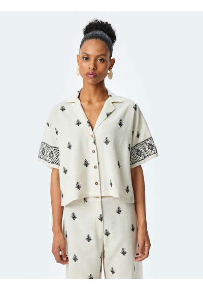 Koton Viskon Etnik Desenli İşlemeli Kısa Kollu Oversize Crop Gömlek Bej 5sak60094pw Ekru