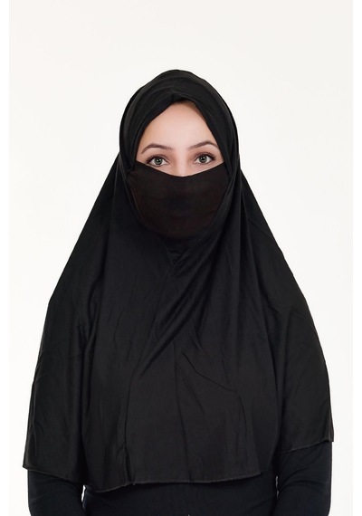 Peçeli Hazır Türban Pratik Şal Hijab Namaz Örtüsü Siyah