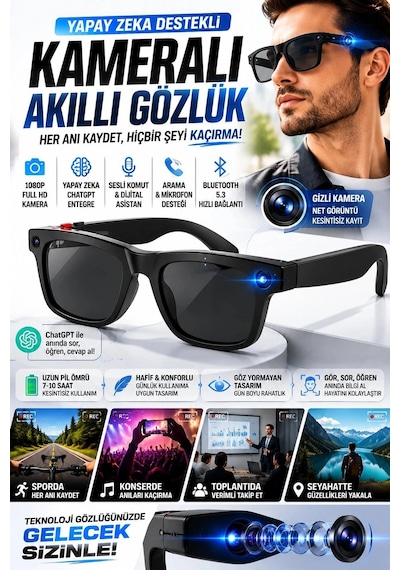 Yapay Zeka Destekli Kameralı Akıllı Gözlük 8mp Kamera Chatgpt Çeviri Ses Kayıt Özellikli Açık Gri