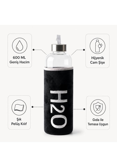 Peluş Kılıflı Cam Matara 600 Ml, Siyah H2o Nakışlı Kılıf, Taşıma Askılı Metal Görünümlü Vidalı Kapak, 8 24 Cm Şeffaf