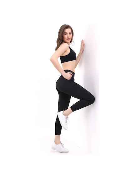 Reva Kadın Yüksek Bel Toparlayıcı Cepli Likralı Esnek Spor Tayt Siyah siyah