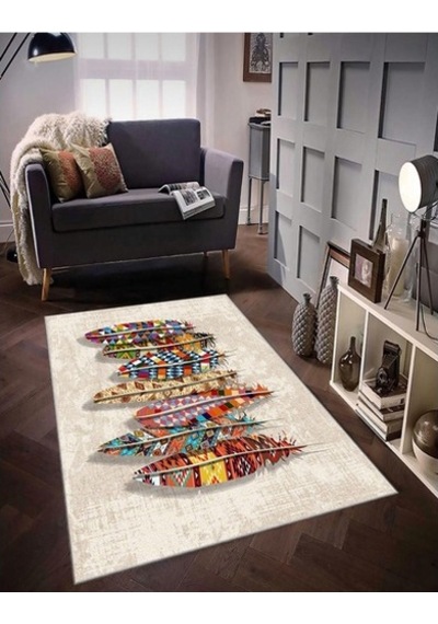 STY Home Krem Dijital Baskı Halı Makinede Yıkanabilir Halı Krem