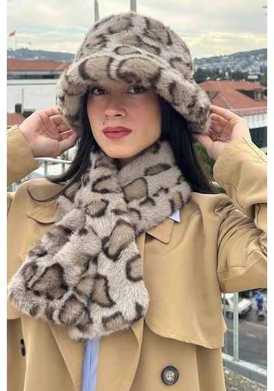 Mollycrush Kadın Leopar Desenli Peluş Şapka Atkı Takım Kışlık Model Bej Leopar