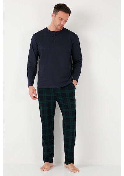 Buratti Ekoseli Pamuklu Beli Lastikli Regular Fit Uzun Kollu Erkek Pijama Takımı 6572003 Lacivert