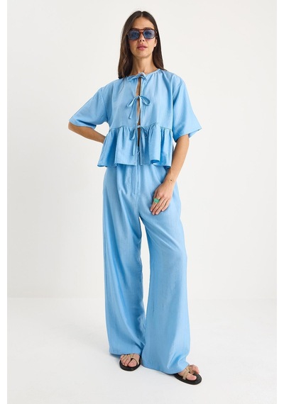 Shade Kadın Bağlama Detaylı Kısa Kollu Bluz Pantolon Alt-üst Takım 9265 60281014 - Bebe Mavisi