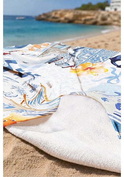 Marine Deniz Temalı Plaj Havlusu - Akdeniz Vintage Mavi Beyaz Hızlı Kuruyan Mikrofiber Havlu Çok Renkli