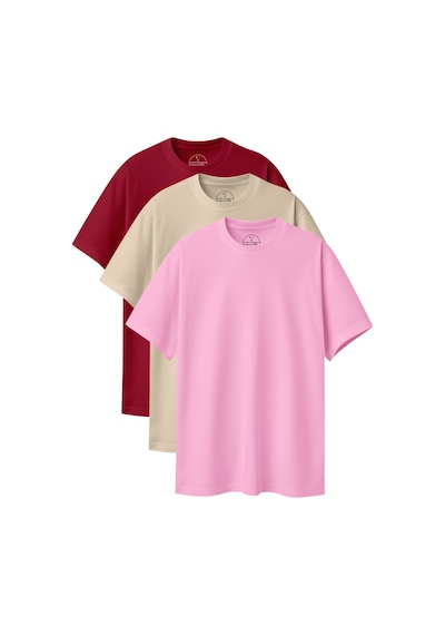 Velvoria Unisex Oversize Basic 3'lü Bordo Bej Pembe Renk T-shirt Çok Renkli12