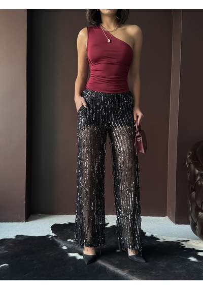 Verymoda Pullu Tül Pantolon F1611 Siyah