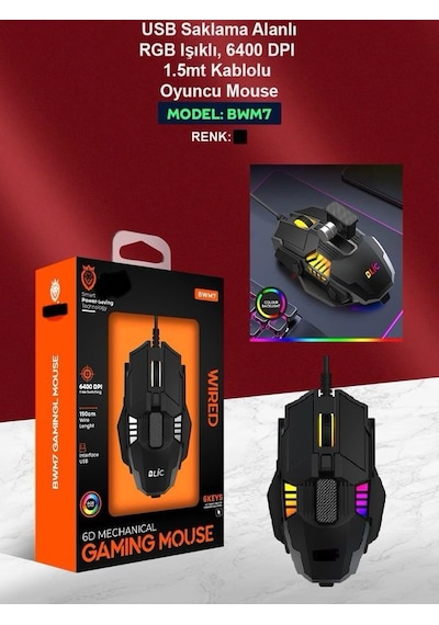 Blic BWM7 6400 DP 1.5 M Kablolu RGB Optik Oyuncu Mouse