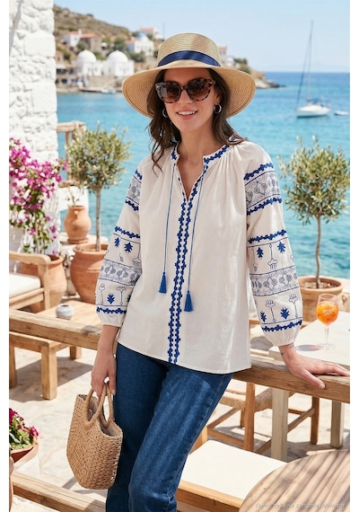 Lela Nakış Işlemeli Pamuklu Oversize Fit Bağlamalı V Yaka Bayan Bluz 676271 Ekru