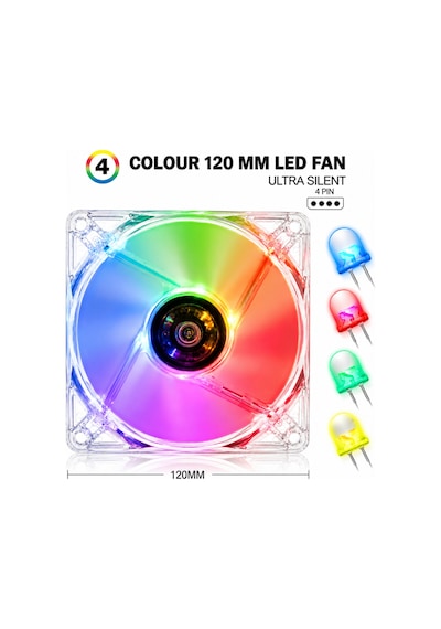 12cm Kasa Fanı - 4 Renk Led Işıklı - Şeffaf - Molex Bağlantı