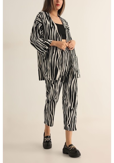 Woman And Kids Kadın Zebra Desenli Kimono Alt Üst Takım Siyah - Beyaz
