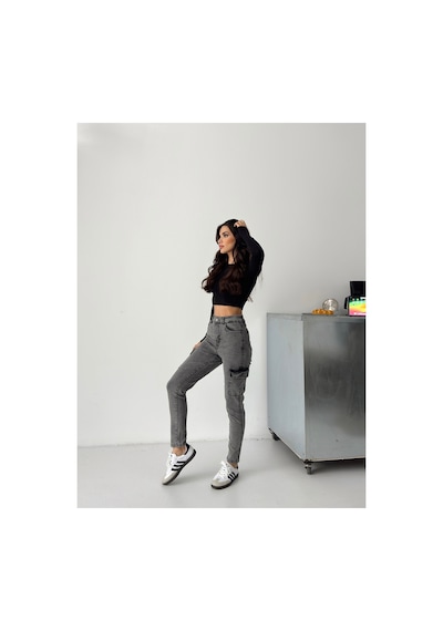 Kene Jeans Kadın Kar Siyah Kargo Cep Dar Paça Siyah