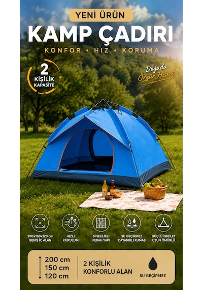 Çadır Tam Otomatik Kamp Çadırı 2 Kişilik 200x150 Cm 3 Saniyede Kurulum Su Geçirmez Geniş Çadır Outdoor Lacivert