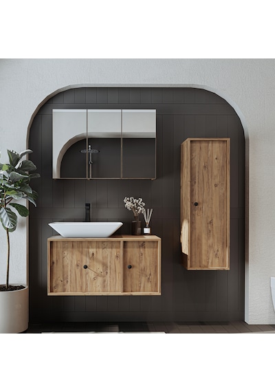 Lavabolu Mat Mdf 90 Cm Çekmeceli Banyo Dolabı + Aynalı Üst Dolabı Atlantik Çam