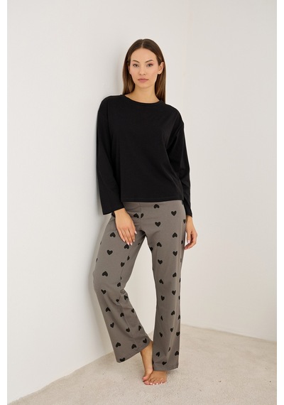 Siyah İnci Pamuklu Örme Pijama Takım7948 Gri Siyah Kalp