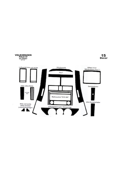 Volkswagen Polo Uyumlu Torpido Kaplama 2005-2009 15 Parça Piano Black