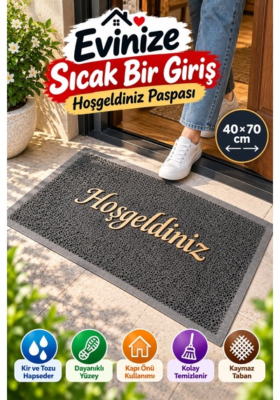 Gri 40x70 Cm Hoşgeldiniz Yazılı Kapı Önü Paspası Kıvırcık Dokulu Altın Yazılı Dekoratif Ev Paspası