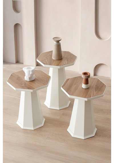 Elegance 3'lü Sehpa, Yan Sehpa, Zigon Sehpa - Aytaşı&ud Desenli Tabla Aytaşı Gövde & Ud Açık Ceviz Rengi Tabla