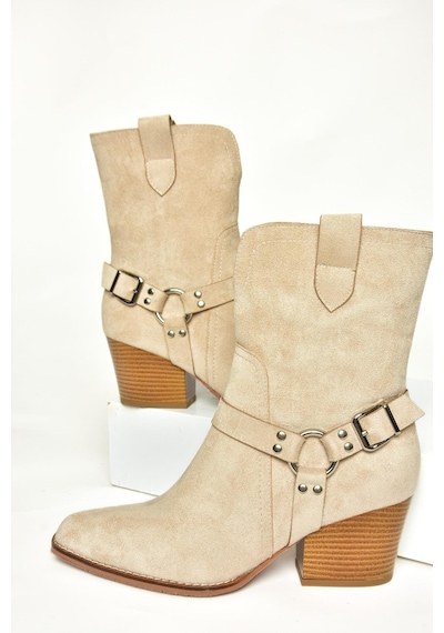 Fox Shoes T296094002 Bej Süet Kovboy Model Kalın Tabanlı Kadın Bot Bej-süet Bej