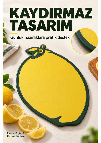 Limon Figürlü Kaydırmaz Kesme Tahtası 24x34 Cm Askılı Plastik Sebze Meyve Doğrama Panosu Sarı Mutfak