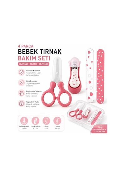 4 Parça Bebek Tırnak Bakım Seti Pembe Güvenli Makas, Tırnak Makası, Törpü Yenidoğan Bebek Bakım Seti