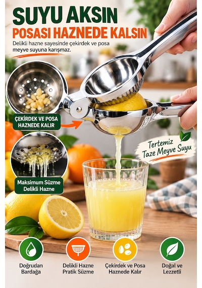 Büyük Boy Döküm Metal Narenciye Sıkacağı Portakal Limon Manuel Meyve Suyu Presi 23 Cm Çelik Renk Tip Gümüş