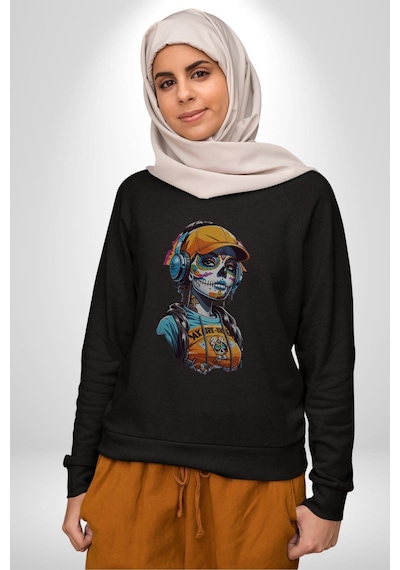 Robot Kız Müzik Kulaklık Şapka Unisex Siyah Baskılı Sweatshirt Siyah