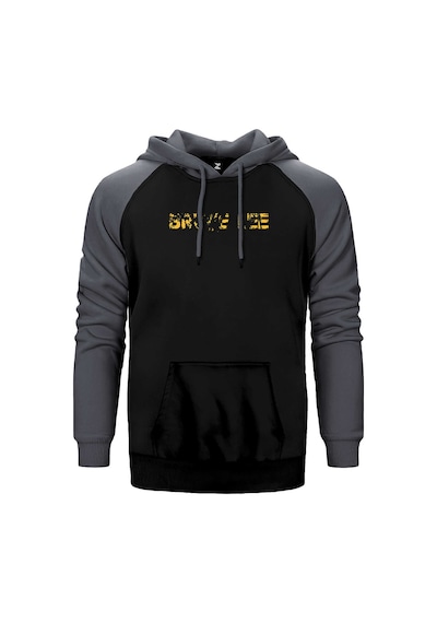Bruce Lee Text Gri Renk Reglan Kol Kapşonlu Sweatshirt Gri