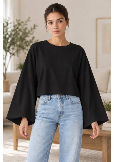 Genel Markalar Kadın Oversize Crop Geniş Kollu Basic Sweatshirt SiYAH