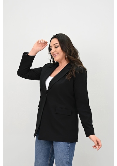 Koza Butik Kadın Büyük Beden Astarlı Düğmeli Blazer Ceket 9008-25-1 Siyah