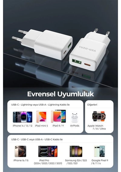 Ven-dens Vd-tc017bac 30 W Pd Type-c Hızlı Şarj Adaptörü, Usb-c Ve Usb-a Çift Port, Kompakt, Beyaz