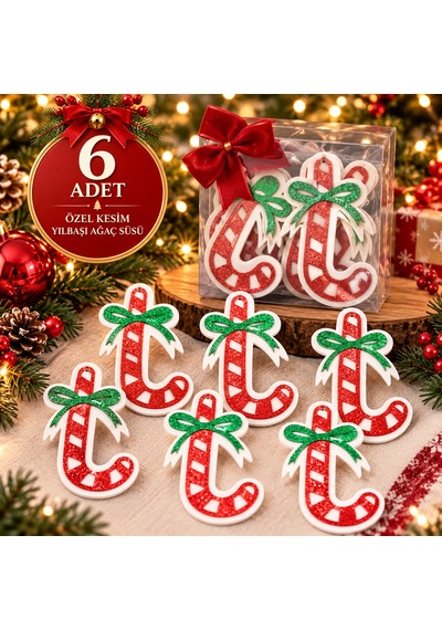 6'lı Yılbaşı Baston Şeker Ağaç Süsü Seti 9x8 Cm - Simli Eva Özel Kesim Çam Ağacı Süsü Şeffaf Kutulu - 9052628871075