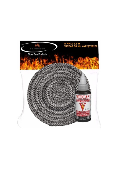 Fiberglass Antrasit Renk Soba Şömine Fitil 8 Mm X 2.5m Vıtcas Yapıştırıcı 30 Ml